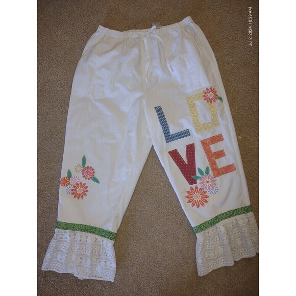 OOAK Bloomers Pants LOVE Flower Applique Shabby Cottage Boho Ruffles & Lace - Picture 1 of 10